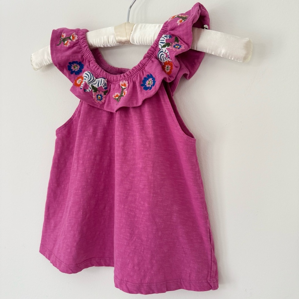 Mini Boden Pink Embroidered Ruffle Shoulder Cotton Tank, Size 5-6y - Picture 7 of 12